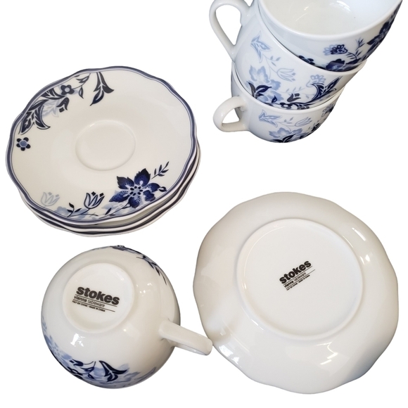 Stokes Vienna Tea Set 4 Teacups & Saucers White & Blue Floral - Picture 5 of 8